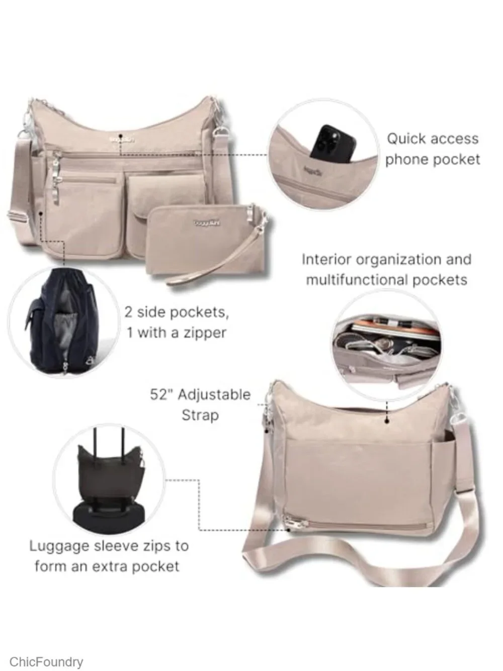Nylon RFID Hobo Crossbody Bag Adjustable Strap Lightweight